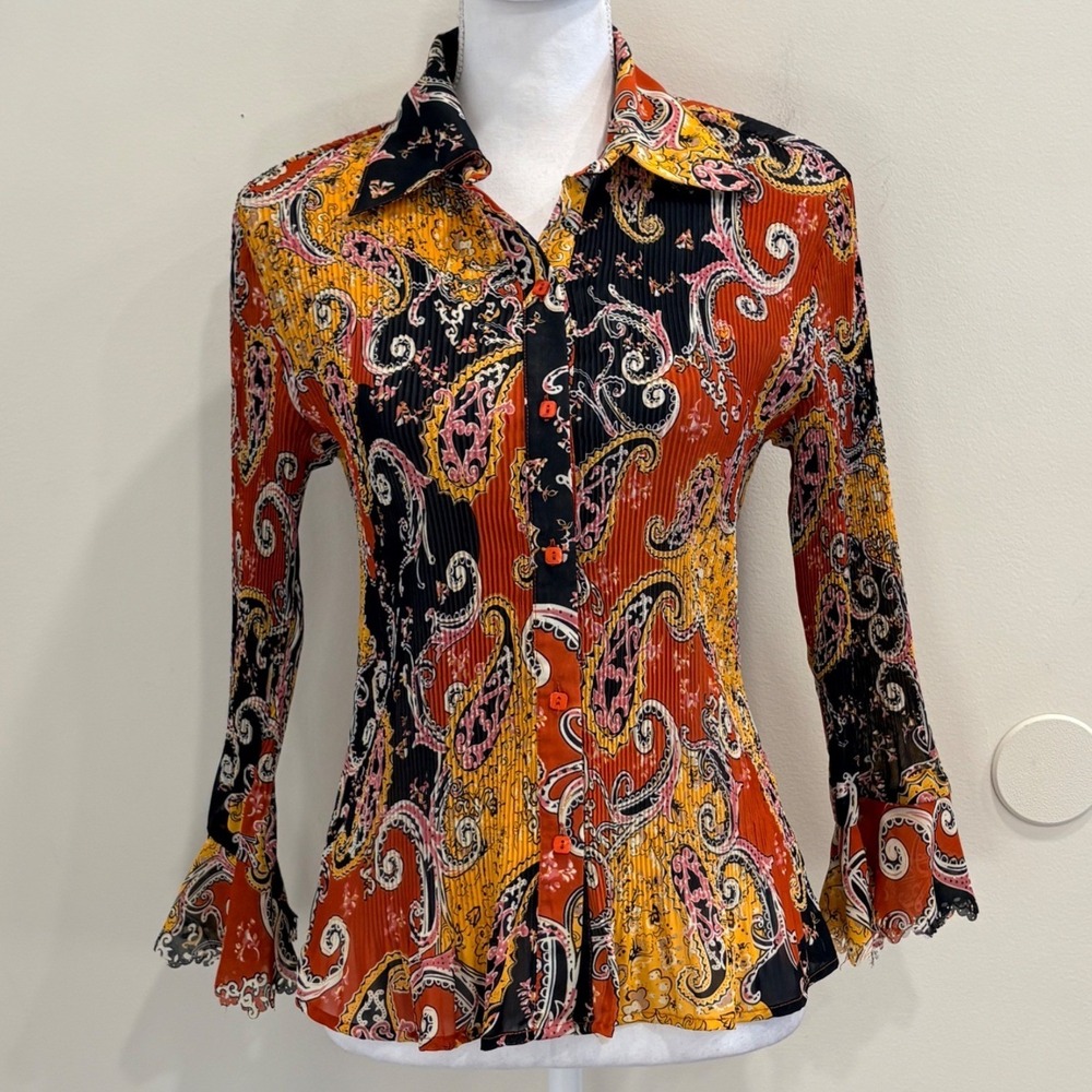 Y2K Essentials By Milano Red‎ Yellow Geometric Plissé Pleated Bell Sleeve Top S